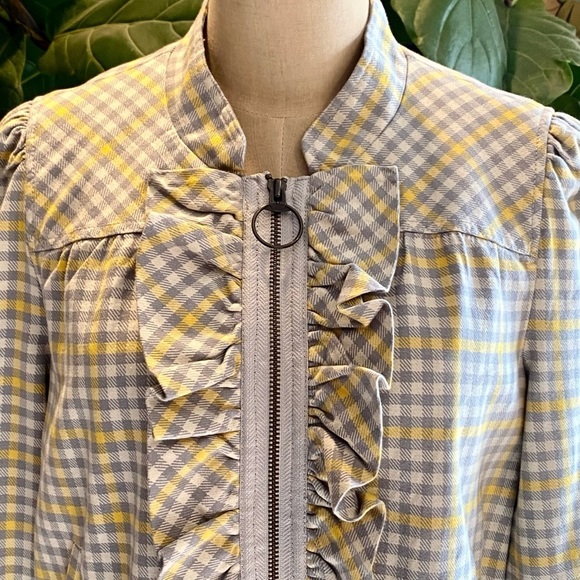 Anthropologie Idra Gingham Check Ruffled Lapel Zip Jacket. Bomber cut - Picture 10 of 13